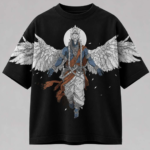 Divine Guardian Oversized Black Graphic T-Shirt | Premium Cotton Angel Warrior Print