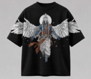Divine Guardian Oversized Black Graphic T-Shirt | Premium Cotton Angel Warrior Print