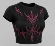 Women's Gothic Black Crop T-Shirt – Pink Tribal Graphic | Oversized Streetwear Tee - Image 2